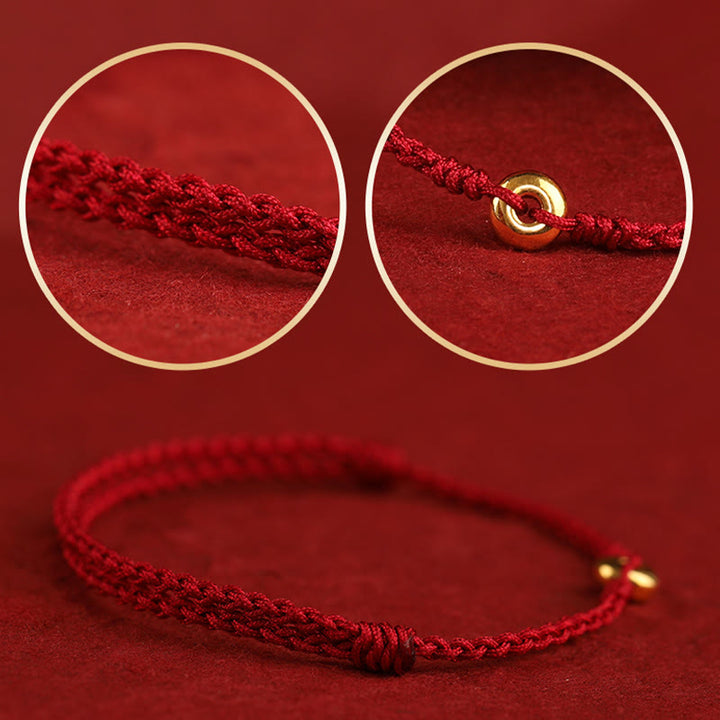 Pulsera trenzada para tobillo con hebilla de paz pequeña de oro 999 con Buddha Stones y cordón rojo para proteger la suerte