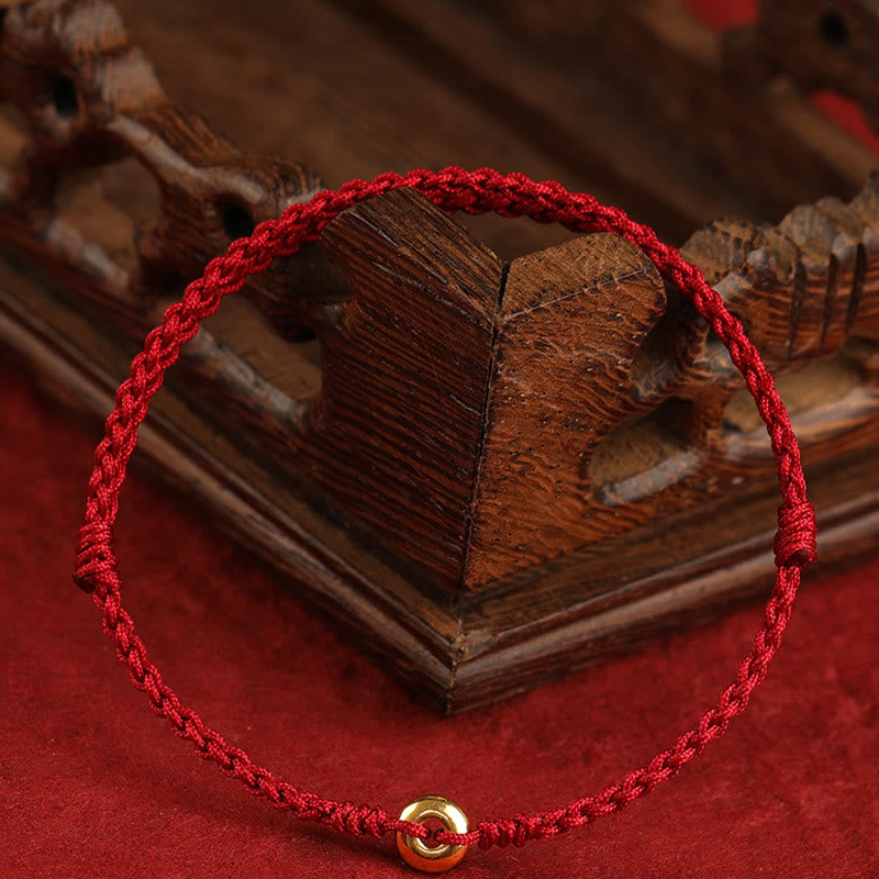Pulsera trenzada para tobillo con hebilla de paz pequeña de oro 999 con Buddha Stones y cordón rojo para proteger la suerte