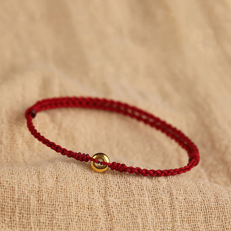 Pulsera trenzada para tobillo con hebilla de paz pequeña de oro 999 con Buddha Stones y cordón rojo para proteger la suerte - Pulsera de oro 999 (circunferencia de muñeca: 14-18 cm) - image 0