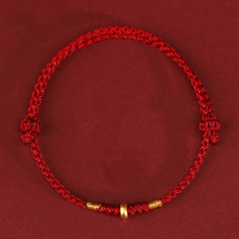 Pulsera trenzada para tobillo con pequeñas cuentas de la suerte de oro 999 y Buddha Stones - Tobillera de oro 999 (circunferencia 19-23 cm) - Cuerda roja oscura - image 1