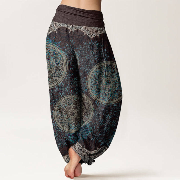 Pantalones bombachos de cintura elástica para mujer con estampado de mandala de hojas y Buddha Stones en algodón. - image 2