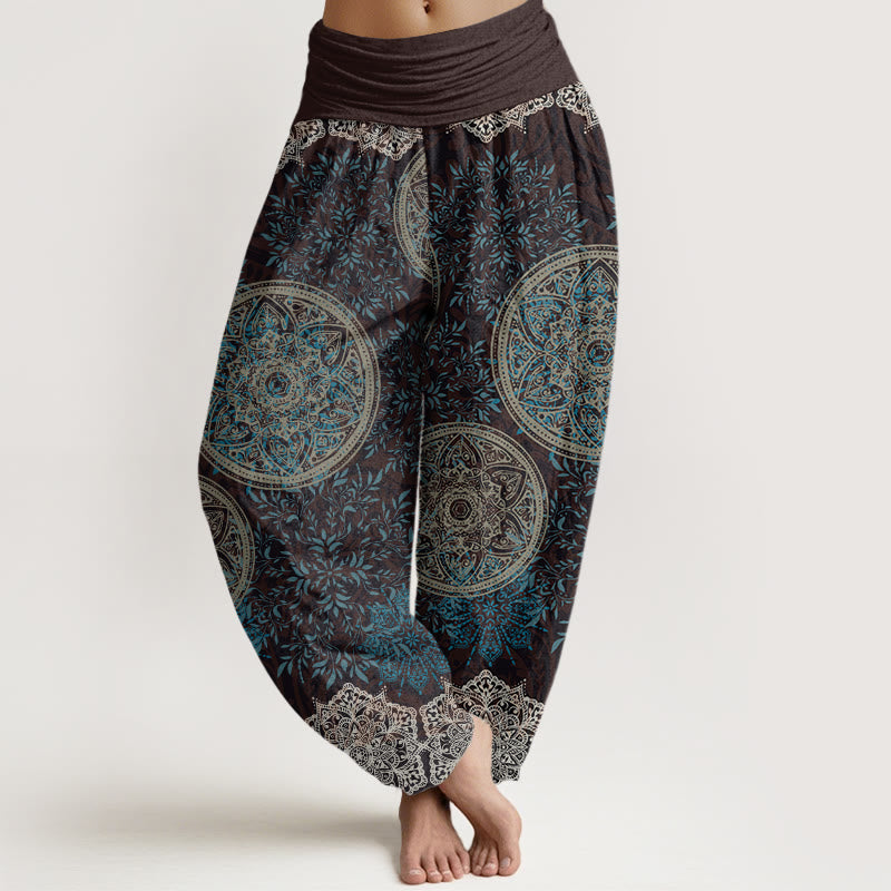 Pantalones bombachos de cintura elástica para mujer con estampado de mandala de hojas y Buddha Stones en algodón. - Marrón - US22，UK/AU26，EU54 (6XL) - image 0