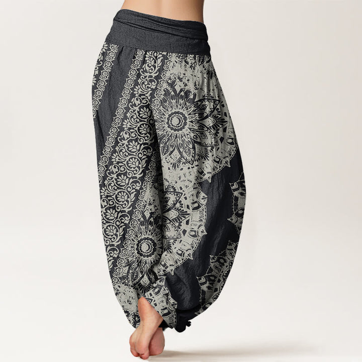 Pantalones bombachos de cintura elástica para mujer con estampado mandala de algodón con Buddha Stones y flores paralelas - image 2