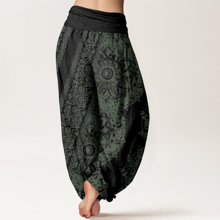 Pantalones bombachos de cintura elástica para mujer con estampado mandala de algodón con Buddha Stones y flores paralelas - image 9