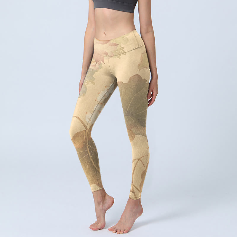 Leggings de yoga para mujer con estampado de hojas, flores de loto y piedras de Buddha Stones - Vara de oro pálida - US18，UK/AU22，EU50 (4XL) - image 0