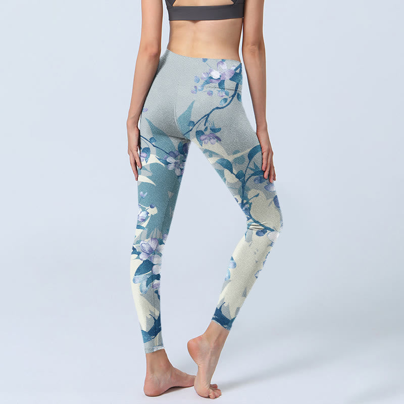 Leggings de yoga para mujer con estampado de flores blancas y azules y Buddha Stones - image 5