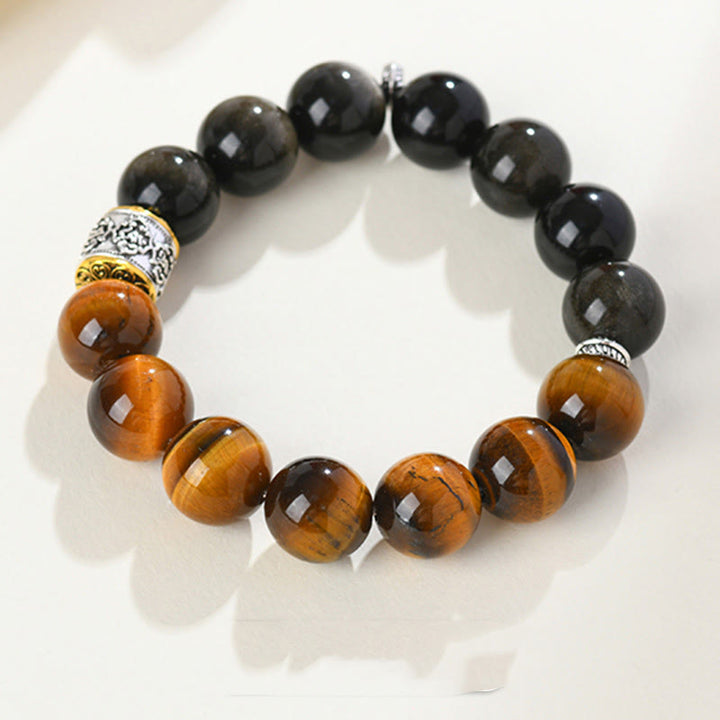 Pulsera Om Mani Padme Hum con Buddha Stones , ojo de tigre y obsidiana dorada