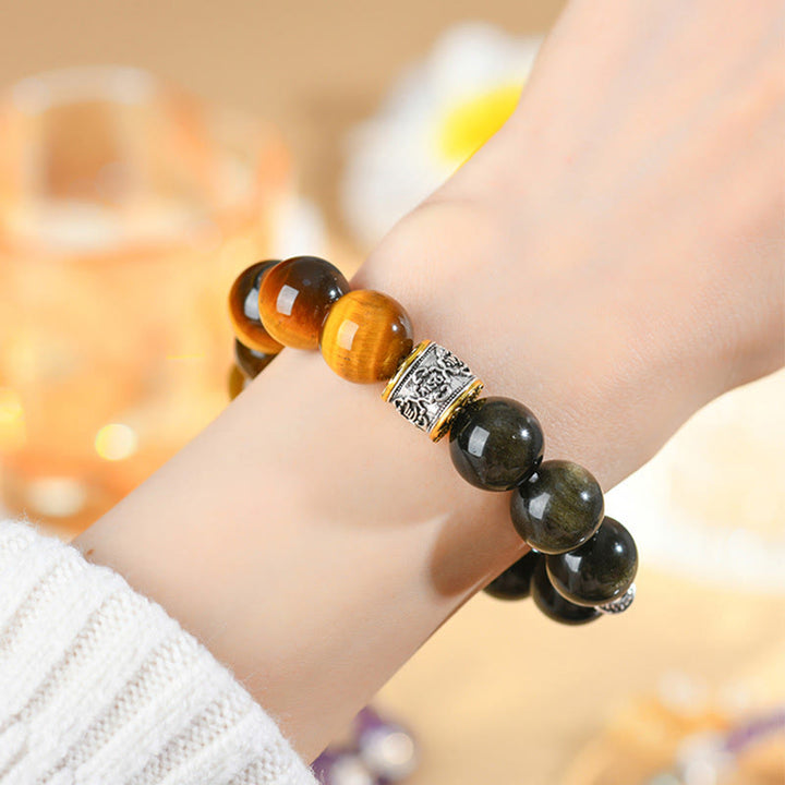 Pulsera Om Mani Padme Hum con Buddha Stones , ojo de tigre y obsidiana dorada