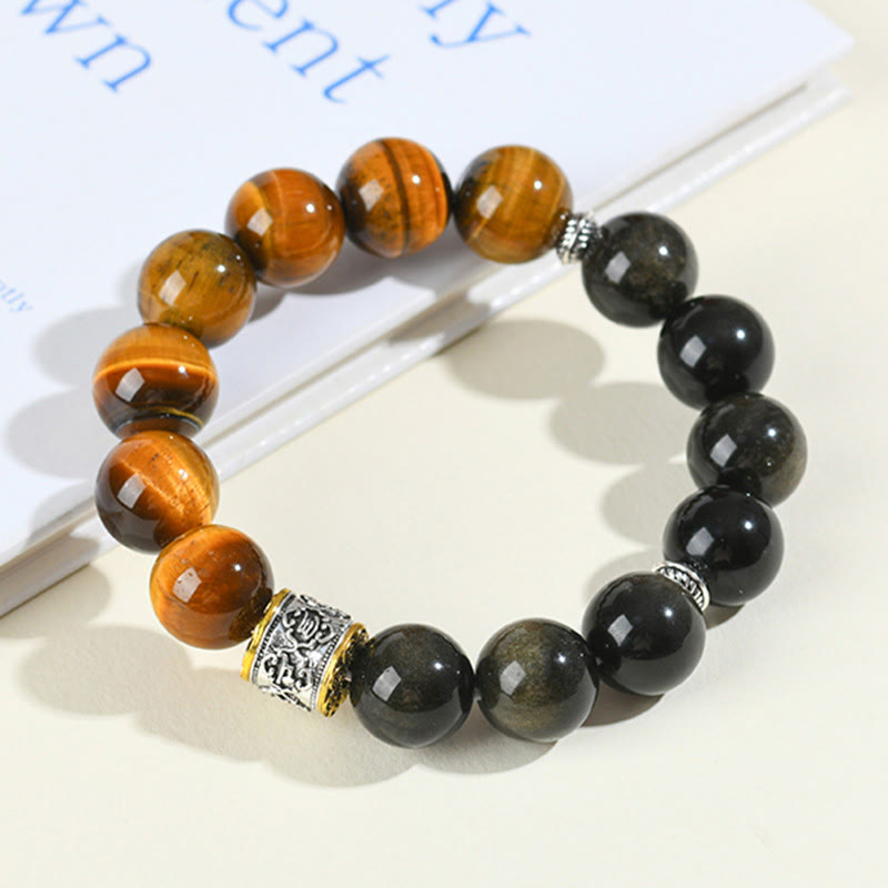 Pulsera Om Mani Padme Hum con Buddha Stones , ojo de tigre y obsidiana dorada