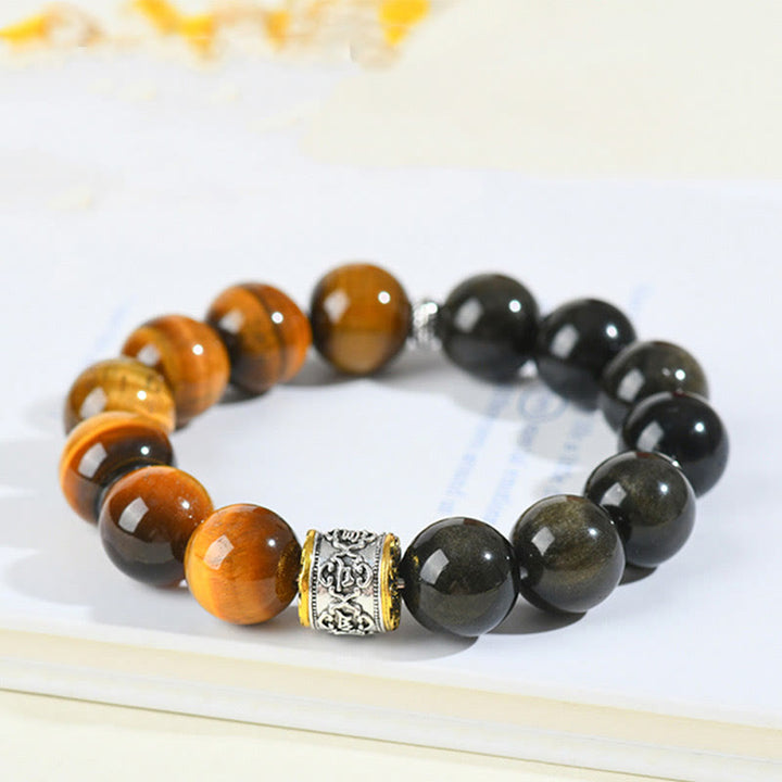 Pulsera Om Mani Padme Hum con Buddha Stones , ojo de tigre y obsidiana dorada