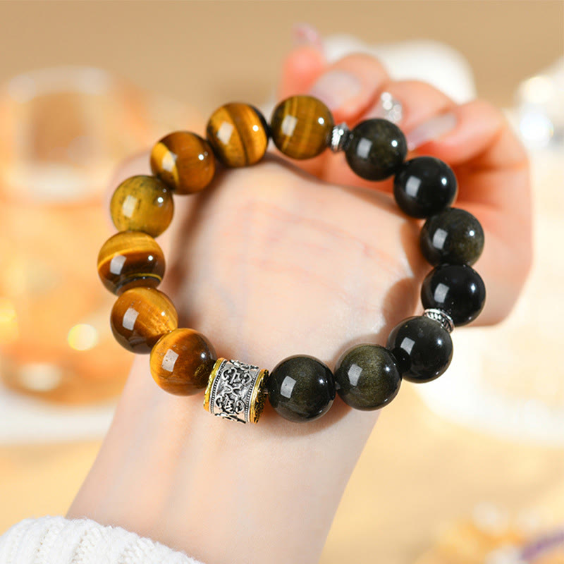 Pulsera Om Mani Padme Hum con Buddha Stones , ojo de tigre y obsidiana dorada