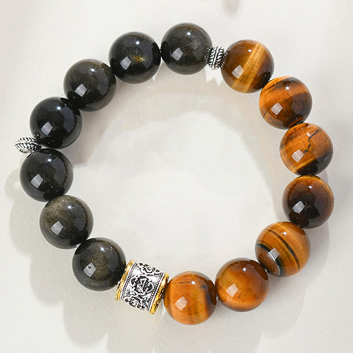 Pulsera Om Mani Padme Hum con Buddha Stones , ojo de tigre y obsidiana dorada