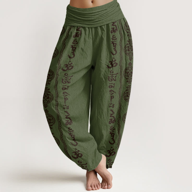 Pantalón tipo harem de cintura elástica para mujer con mandala de algodón con Buddha Stones Om Mani Padme Hum - Verde oliva oscuro - US22，UK/AU26，EU54 (6XL) - image 4