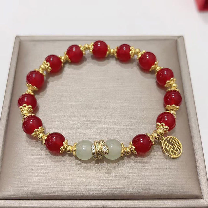 Buddha Stones con ágata roja, jade y personaje Fu del año de la serpiente