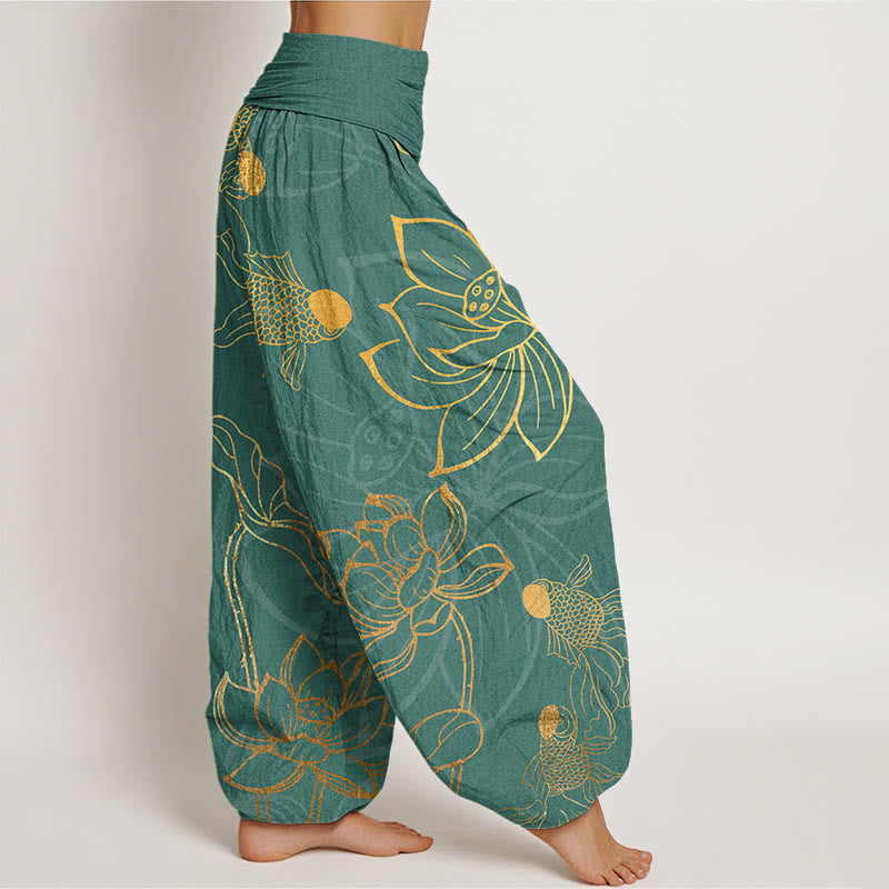 Pantalones bombachos de cintura elástica para mujer con estampado de hojas de loto, peces koi y piedras de Buddha Stones en algodón. - image 1