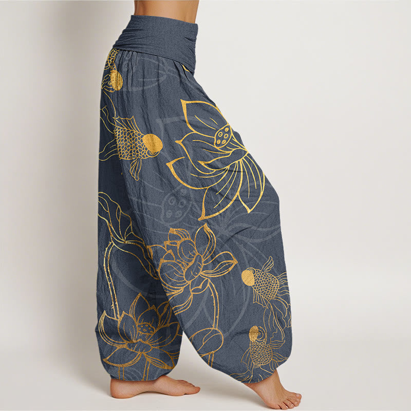 Pantalones bombachos de cintura elástica para mujer con estampado de hojas de loto, peces koi y piedras de Buddha Stones en algodón. - image 6