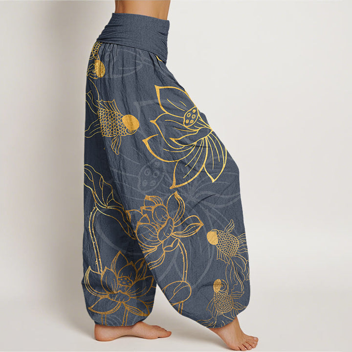 Pantalones bombachos de cintura elástica para mujer con estampado de hojas de loto, peces koi y piedras de Buddha Stones en algodón. - image 6