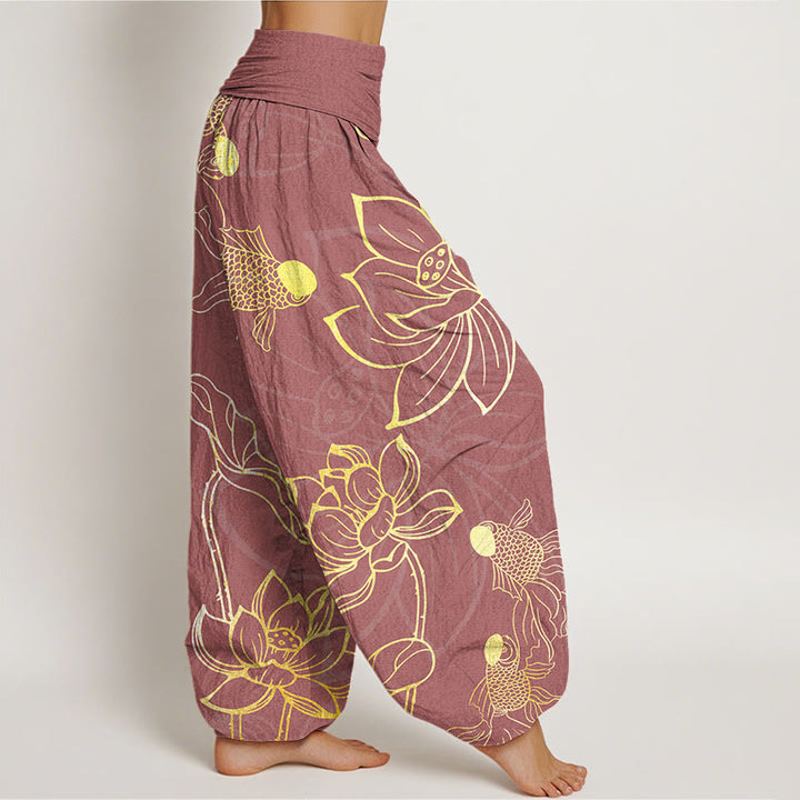 Pantalones bombachos de cintura elástica para mujer con estampado de hojas de loto, peces koi y piedras de Buddha Stones en algodón. - image 9
