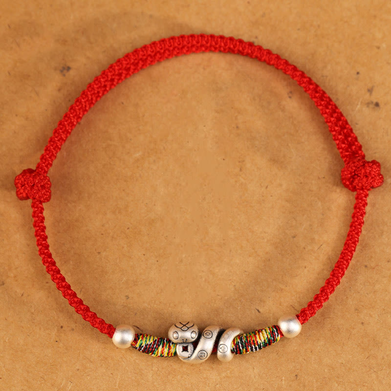 Tobillera con hilo rojo y Buddha Stones en plata de ley 999 con el año de la serpiente