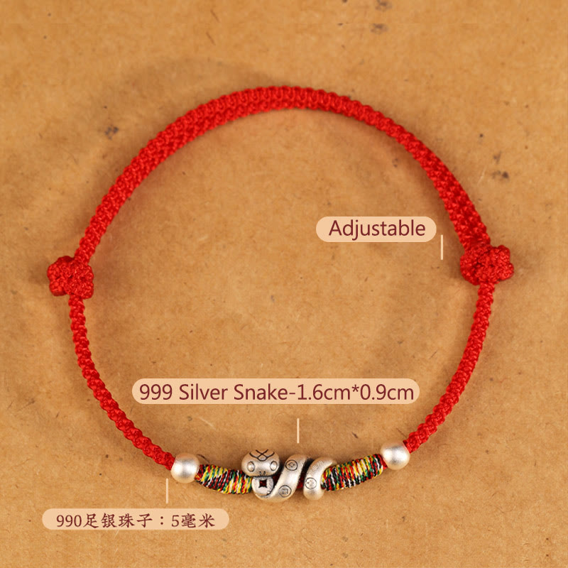 Tobillera con hilo rojo y Buddha Stones en plata de ley 999 con el año de la serpiente