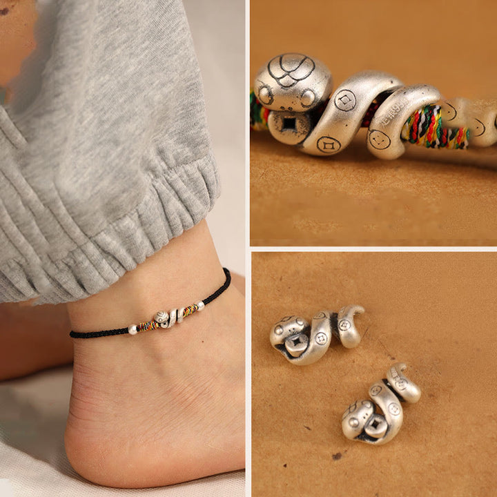 Tobillera con hilo rojo y Buddha Stones en plata de ley 999 con el año de la serpiente
