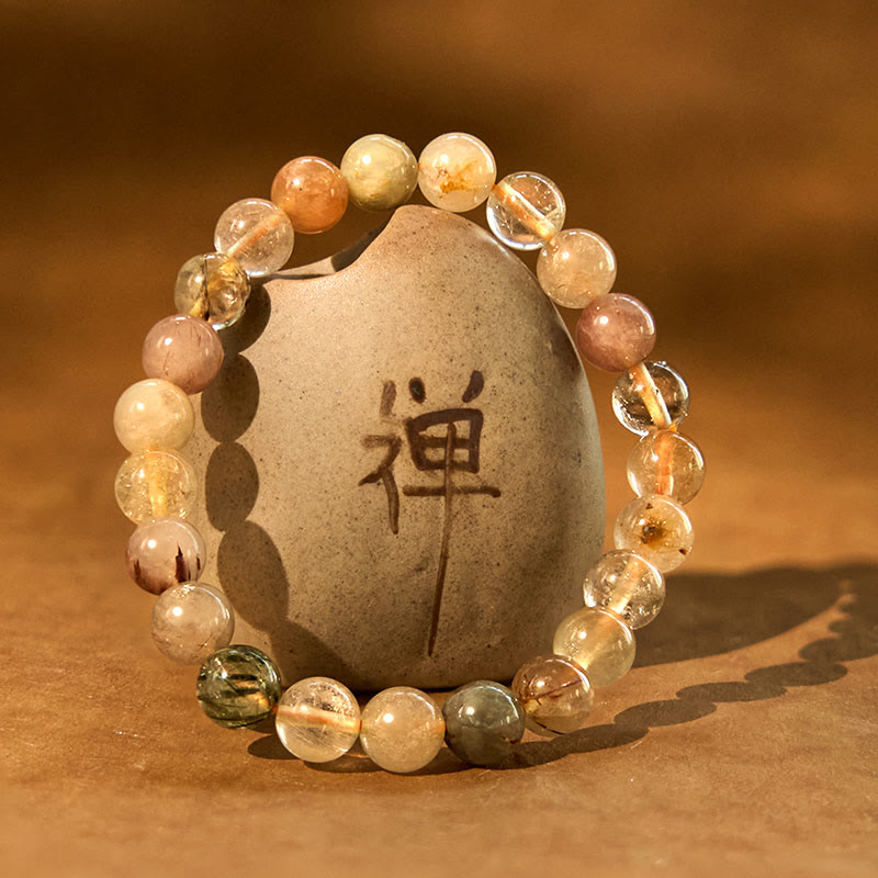 Pulsera de crecimiento espiritual de cuarzo rutilado multicolor natural con Buddha Stones