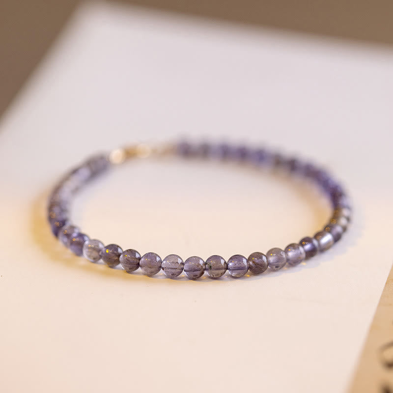 Pulsera de comunicación de cobre bañada en oro de 14 k con cuentas ultrafinas de iolita y amatista de 3 mm y Buddha Stones
