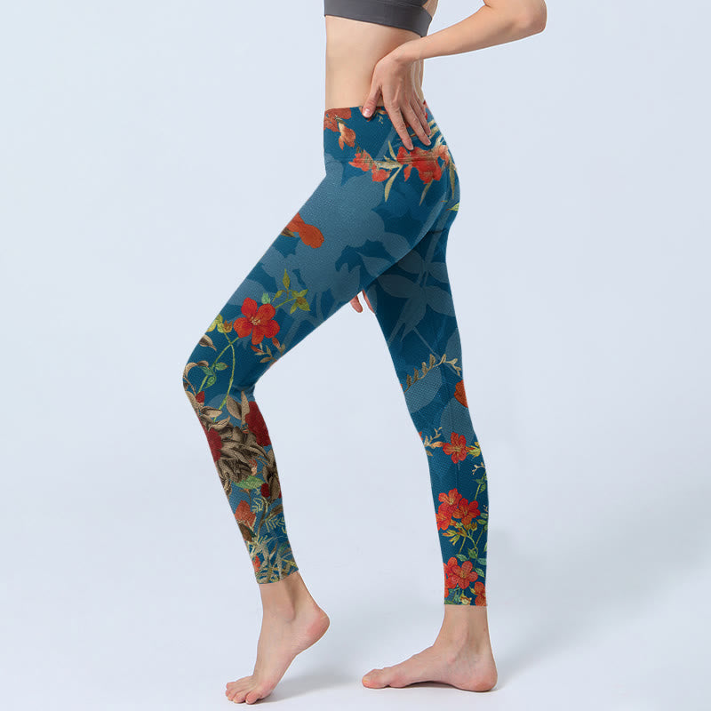 Leggings de yoga para mujer con estampado de pájaros, flores, pájaros, piedras de Buddha Stones y azul - image 2