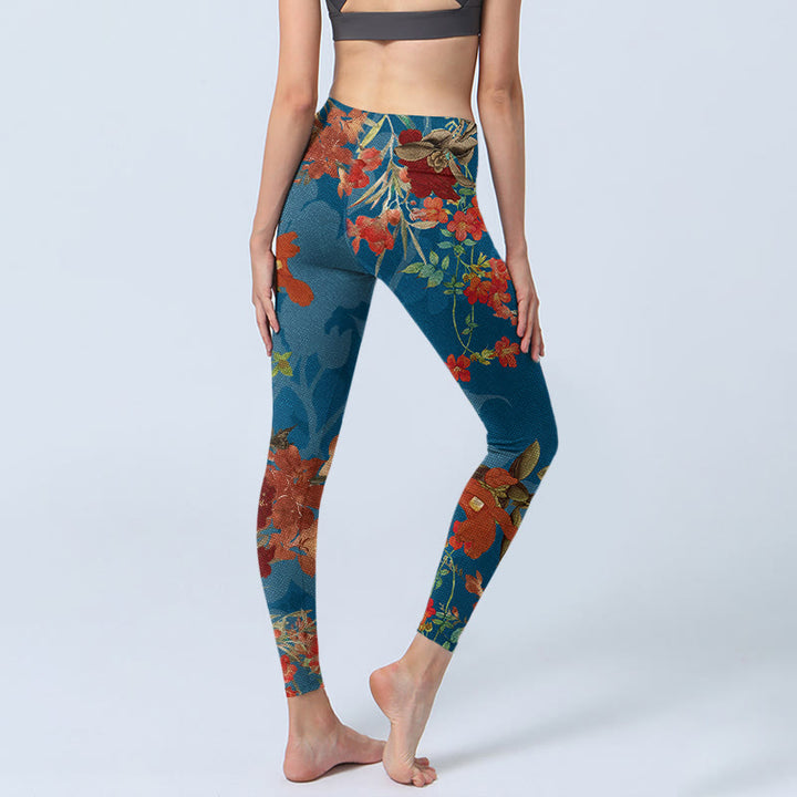 Leggings de yoga para mujer con estampado de pájaros, flores, pájaros, piedras de Buddha Stones y azul - image 4