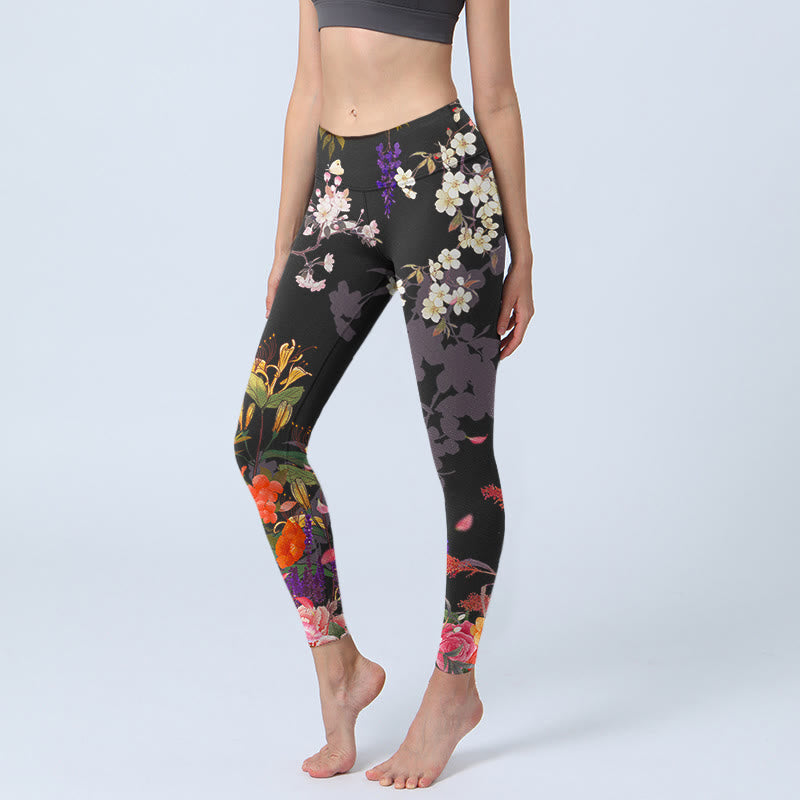 Leggings de yoga para mujer con estampado de flores de colores y Buddha Stones en color negro - Negro - US18，UK/AU22，EU50 (4XL) - image 0