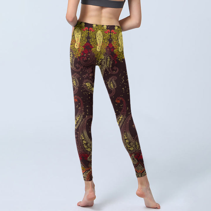 Leggings de yoga para mujer con estampado de flores de anacardo en color marrón rojizo y Buddha Stones - image 6