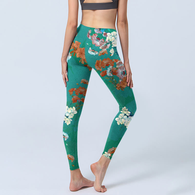 Leggings de yoga para mujer con estampado floral en color verde, naranja y beige y Buddha Stones - image 4