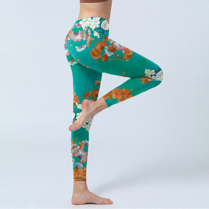 Leggings de yoga para mujer con estampado floral en color verde, naranja y beige y Buddha Stones - image 3