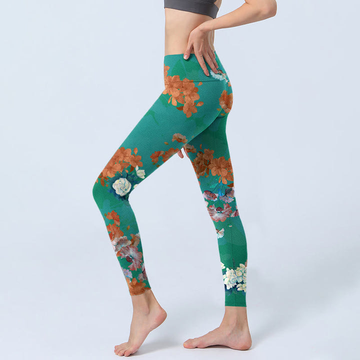 Leggings de yoga para mujer con estampado floral en color verde, naranja y beige y Buddha Stones - image 2