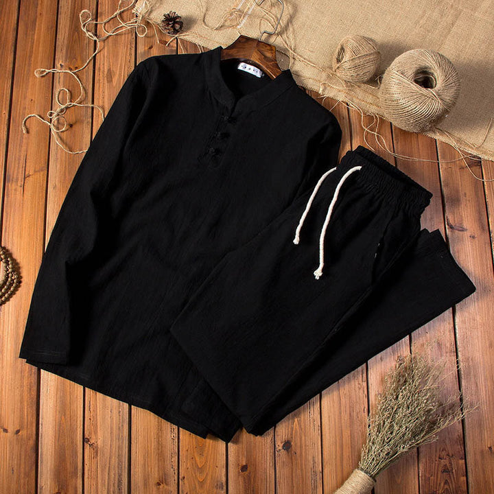 Conjunto de ropa para hombre con pantalones y camiseta de manga larga de algodón y lino de color puro con Buddha Stones - Negro - US/UK/AU44, UE54 (5XL) - image 10