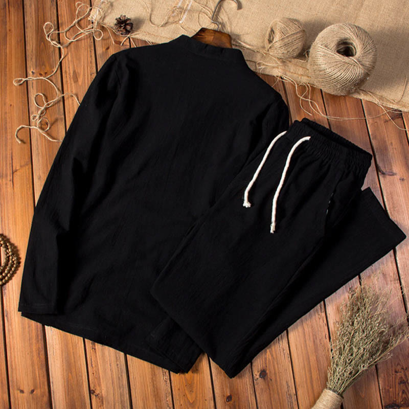Conjunto de ropa para hombre con pantalones y camiseta de manga larga de algodón y lino de color puro con Buddha Stones - image 11