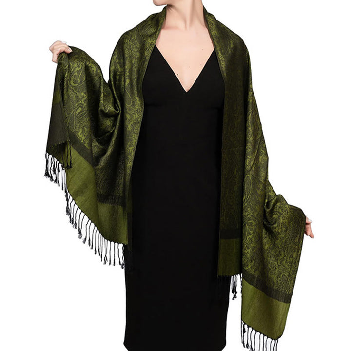 Chal tibetano de jacquard de anacardo con borlas y Buddha Stones , ideal para primavera, otoño e invierno. Bufanda cálida y acogedora. - Verde oliva 180*70cm - image 23