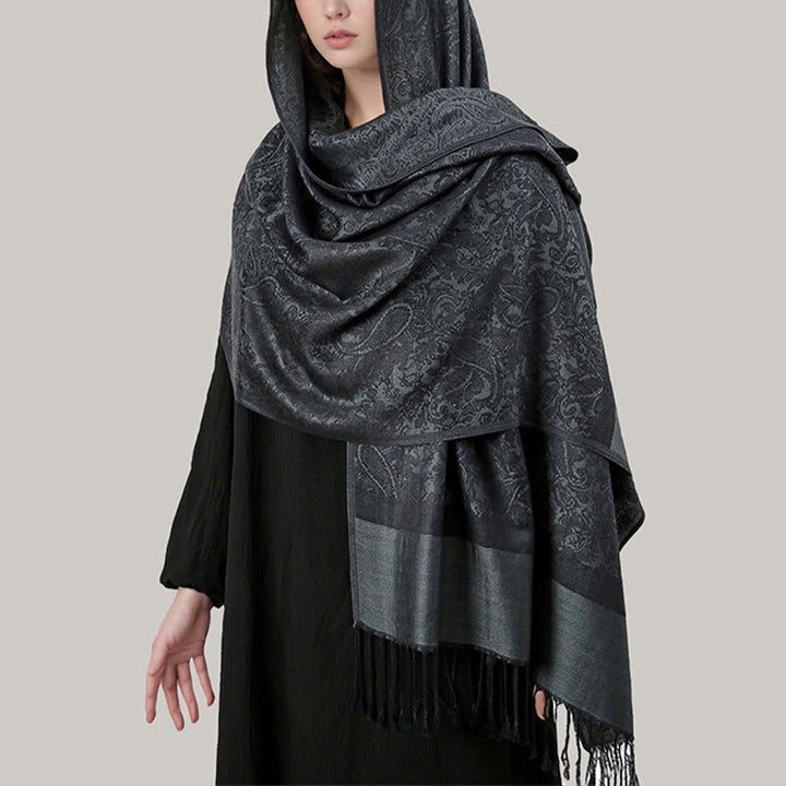 Chal de borlas de jacquard tibetano con Buddha Stones y anacardo para primavera, otoño e invierno, cálido y acogedor - Gris pizarra 180*70cm - image 26
