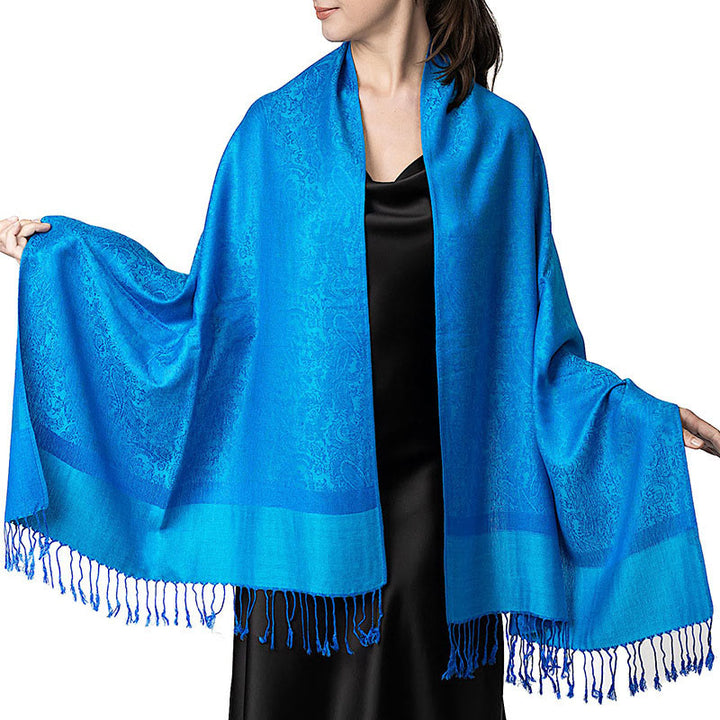 Chal de borlas de jacquard tibetano con Buddha Stones y anacardo para primavera, otoño e invierno, cálido y acogedor - Azul cielo profundo 180*70 cm - image 47
