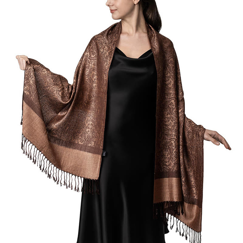 Chal de borlas de jacquard tibetano con Buddha Stones y anacardo para primavera, otoño e invierno, cálido y acogedor - Vara de oro oscuro 180*70cm - image 1