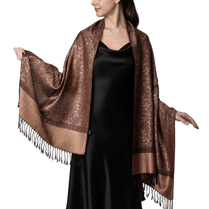 Chal de borlas de jacquard tibetano con Buddha Stones y anacardo para primavera, otoño e invierno, cálido y acogedor - Vara de oro oscuro 180*70cm - image 1