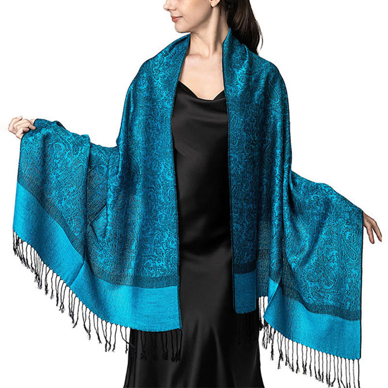 Chal de borlas de jacquard tibetano con Buddha Stones y anacardo para primavera, otoño e invierno, cálido y acogedor - DodgerBlue 180*70cm - image 9