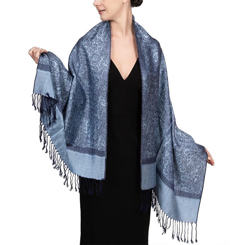 Chal de borlas de jacquard tibetano con Buddha Stones y anacardo para primavera, otoño e invierno, cálido y acogedor - Aciano Azul 180*70cm - image 10