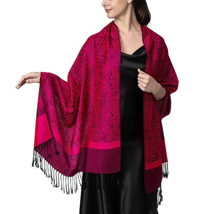 Chal de borlas de jacquard tibetano con Buddha Stones y anacardo para primavera, otoño e invierno, cálido y acogedor - Rosa oscuro 180*70cm - image 14