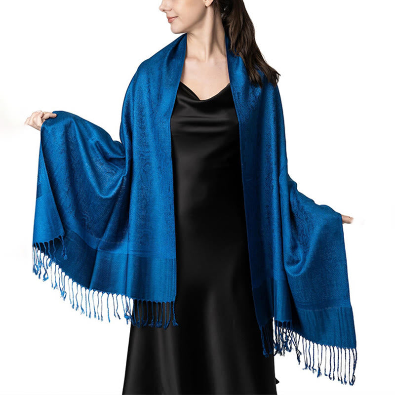 Chal de borlas de jacquard tibetano con Buddha Stones y anacardo para primavera, otoño e invierno, cálido y acogedor - Azul medio 180*70cm - image 19