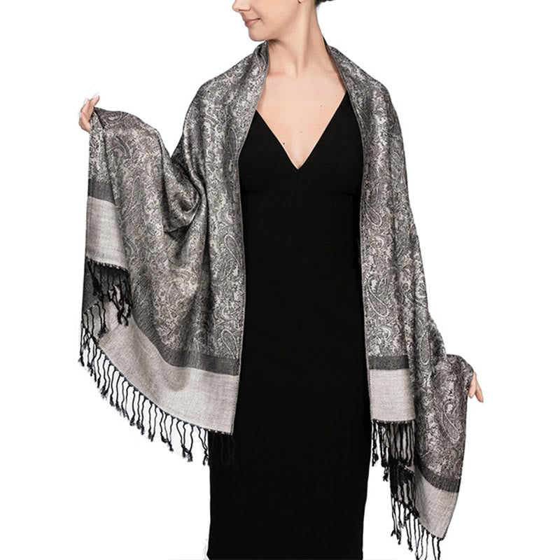 Chal de borlas de jacquard tibetano con Buddha Stones y anacardo para primavera, otoño e invierno, cálido y acogedor - Plata 180*70cm - image 21