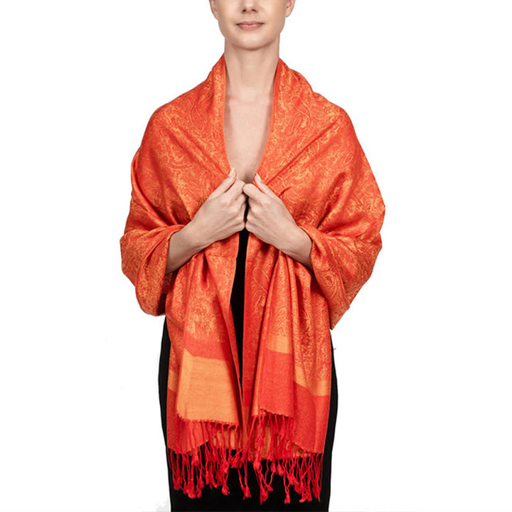 Chal de borlas de jacquard tibetano con Buddha Stones y anacardo para primavera, otoño e invierno, cálido y acogedor - Naranja oscuro 180*70cm - image 27
