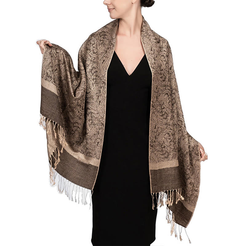 Chal de borlas de jacquard tibetano con Buddha Stones y anacardo para primavera, otoño e invierno, cálido y acogedor - Caqui oscuro 180*70cm - image 29