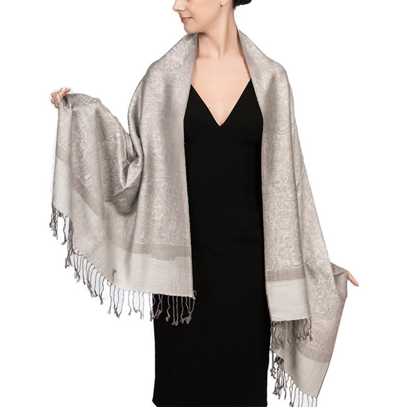 Chal de borlas de jacquard tibetano con Buddha Stones y anacardo para primavera, otoño e invierno, cálido y acogedor - Blanco antiguo 180*70cm - image 30