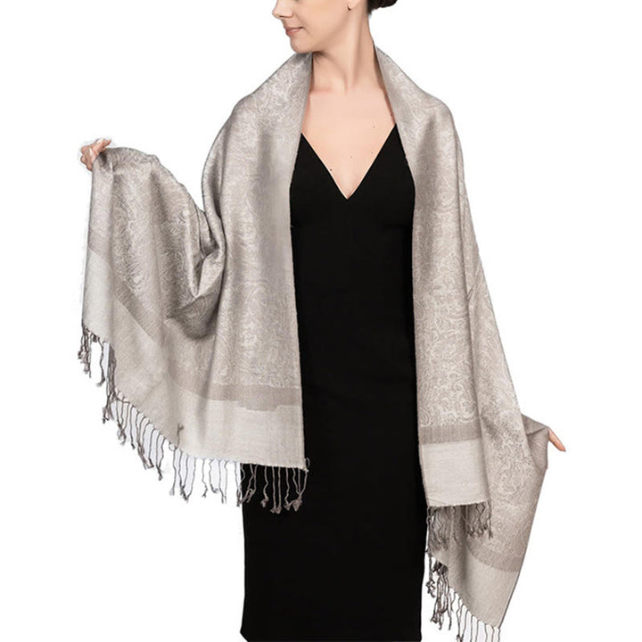 Chal de borlas de jacquard tibetano con Buddha Stones y anacardo para primavera, otoño e invierno, cálido y acogedor - Blanco antiguo 180*70cm - image 30